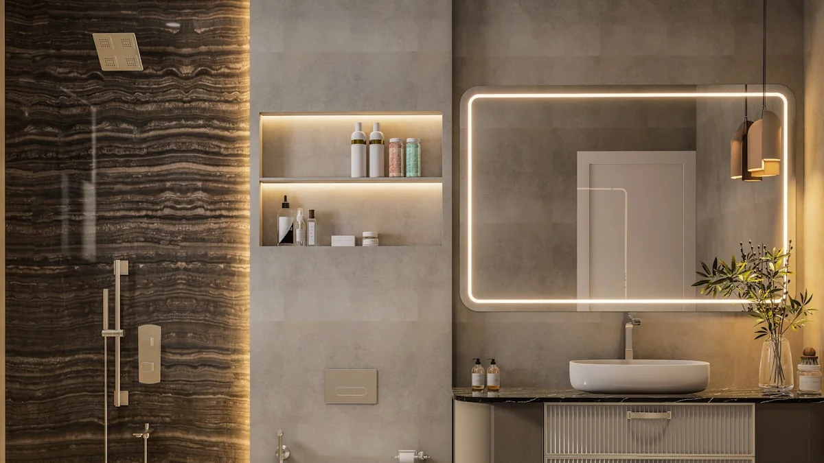 A modern, well-appointed bathroom with warm lighting, a walk-in shower, and a backlit mirror