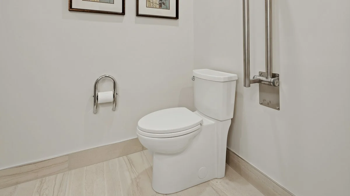 A white two-piece toilet in a clean residential bathroom with a chrome paper holder and a stainless grab bar on the wall