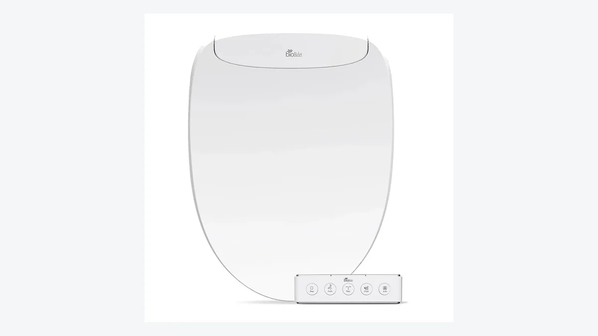 Bio Bidet Discovery DLS bidet seat shown from the top with its remote