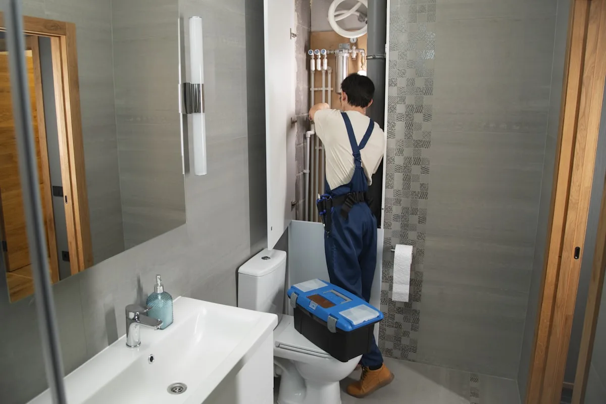 A person in blue overalls installing bathroom plumbing behind a toilet with a toolbox on the lid